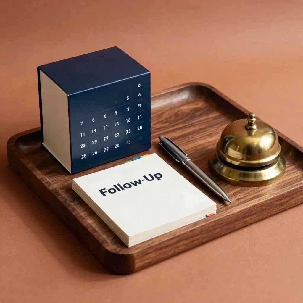 Overhead still life of a calendar cube, follow-up cards, pen and desk bell in a tray.