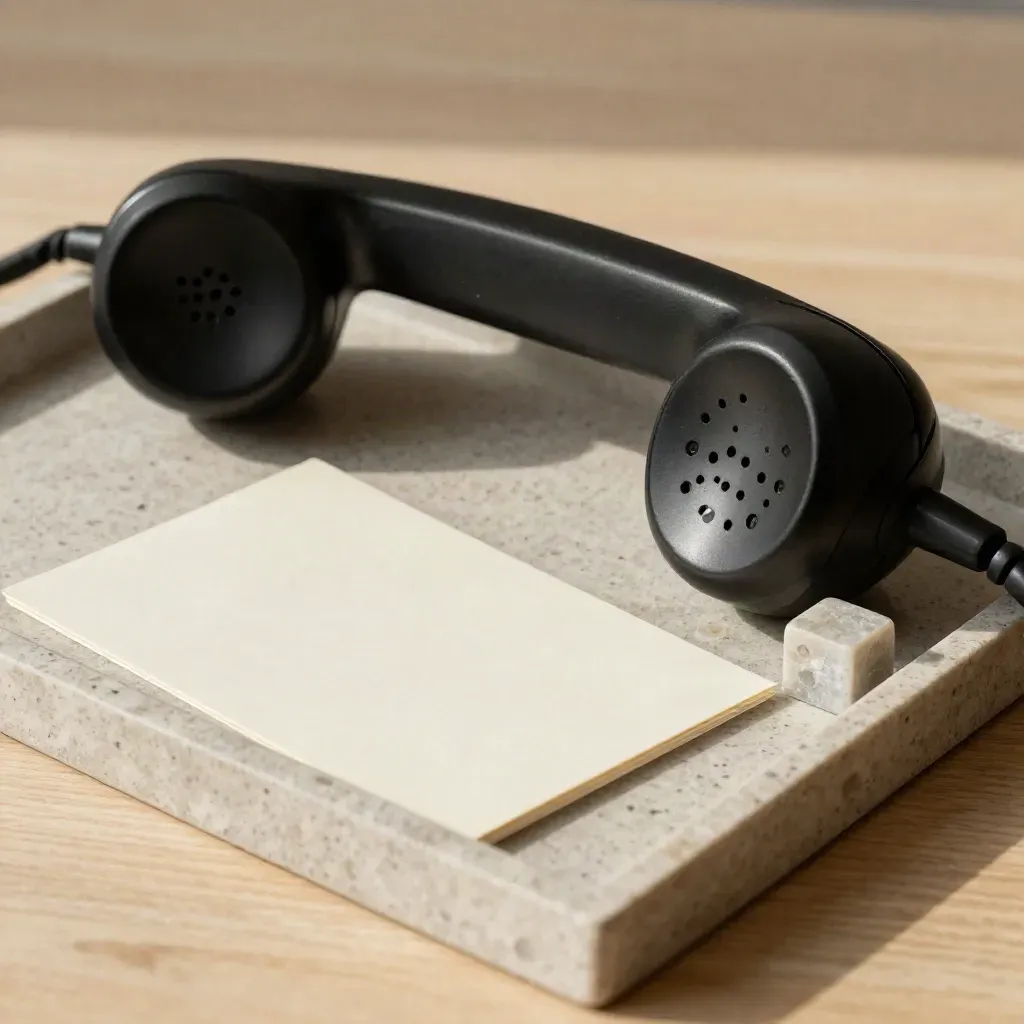 Matte black handset beside a cream card and stone calendar cube on pale oak.