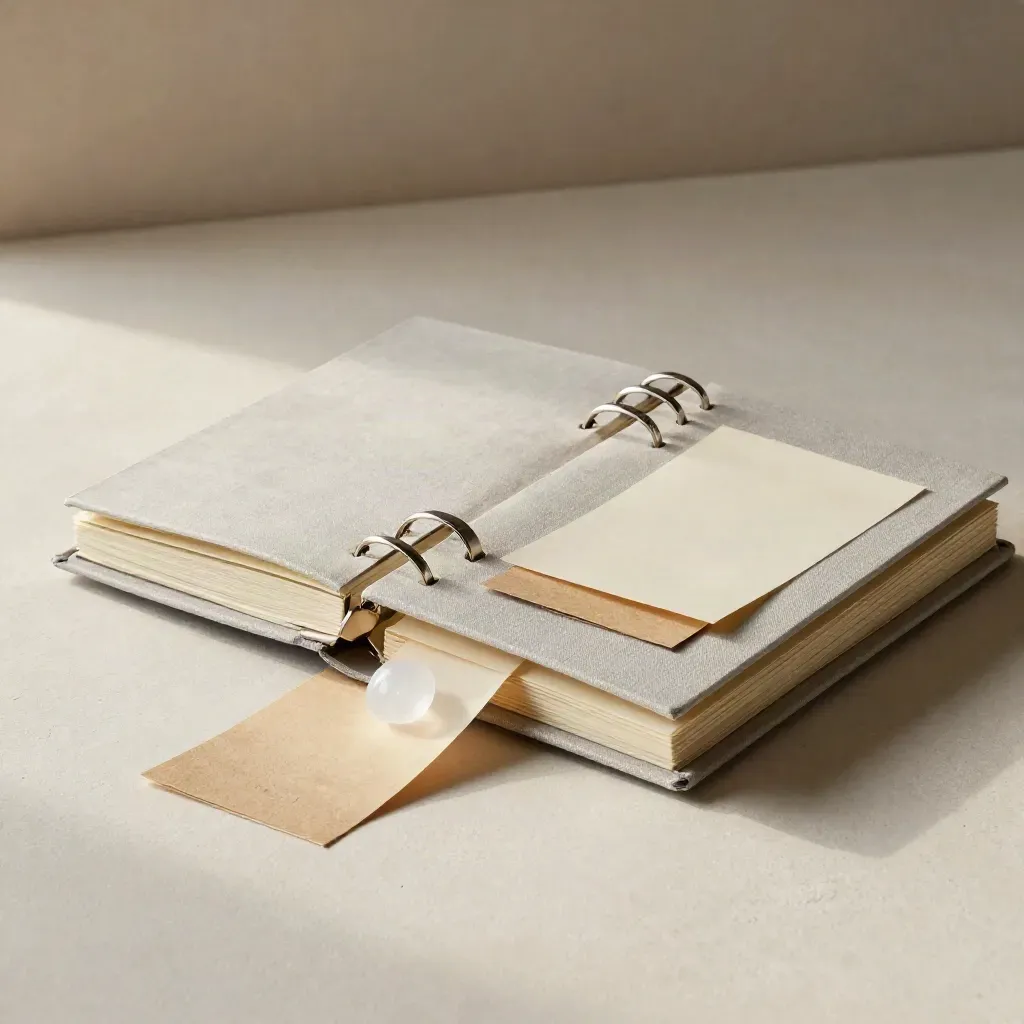 Ring-bound research notebook with blank tabs, swatches, and a paperweight on an off-white plaster sweep.