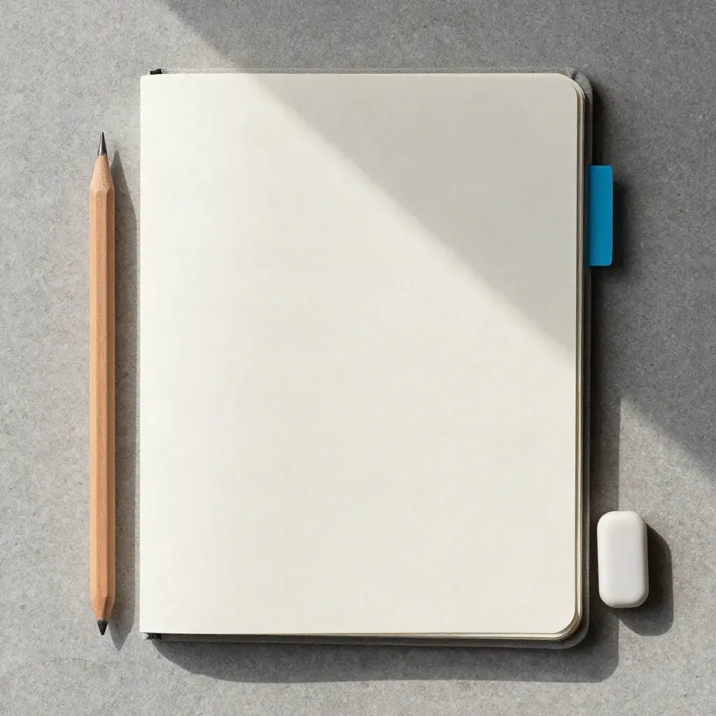 Pencil, eraser, and draft notebook on limestone in a precise overhead flatlay.
