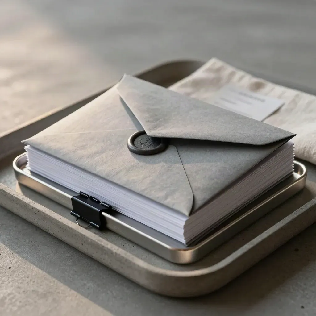 Envelope, binder clip and file tray on stone with soft light
