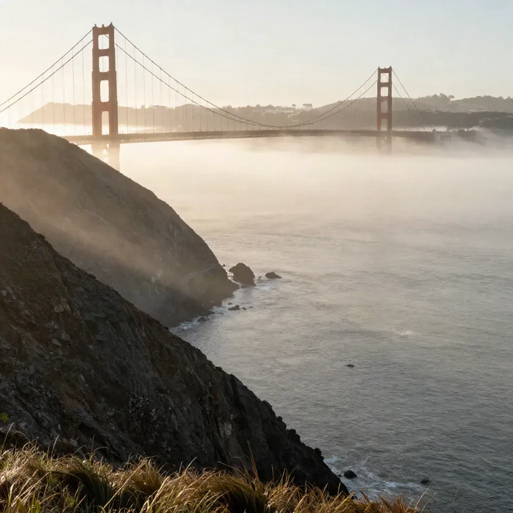 Golden Gate Bridge above layered morning fog, viewed from a cliff with open mist below.