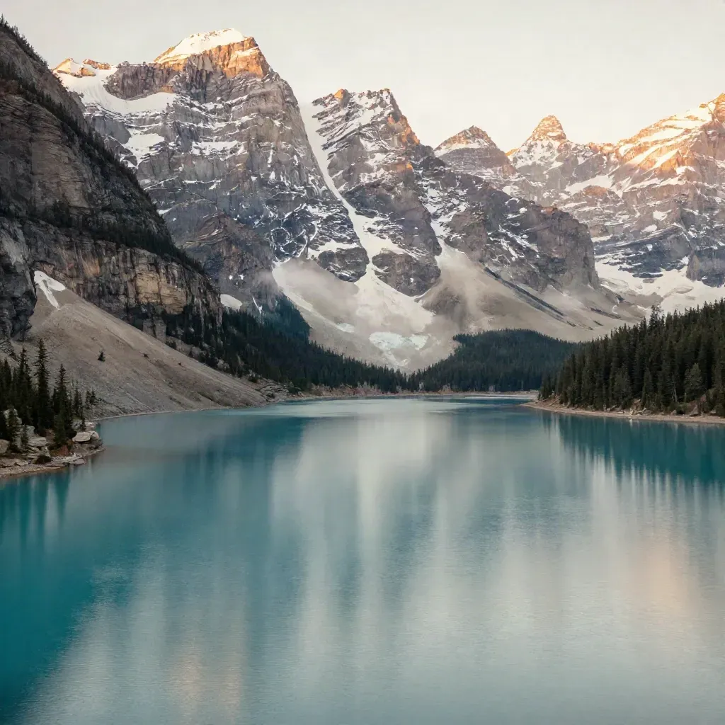 Lake Louise at golden hour with still water, pale shore, and the Rockies glowing behind.