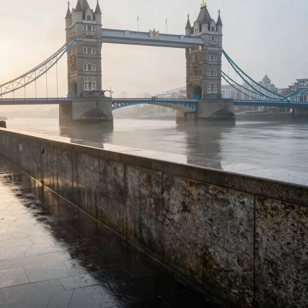 Tower Bridge in dusk haze above the Thames embankment and calm stone foreground