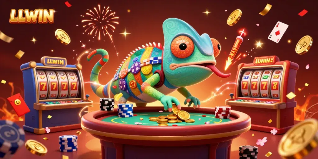 Experience thrilling games with LLWIN, where the chameleon casino owner captures the excitement of slots and jackpots.
