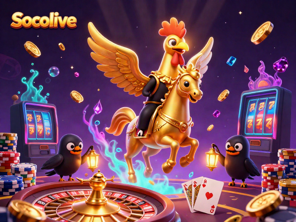 Socolive showcases thrilling casino experiences with a golden rooster and dynamic gameplay elements