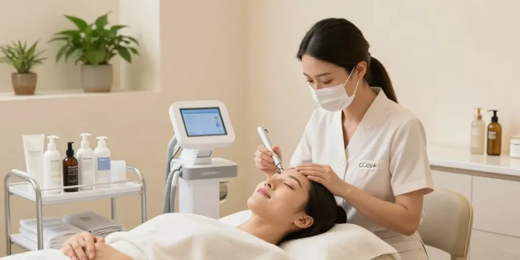 Client undergoing Augenringe entfernen treatment, showcasing professional beauty care.