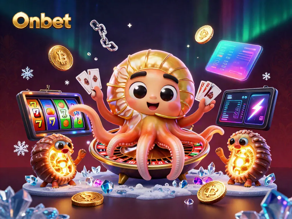 Engage with Onbet's vibrant casino scene featuring a giant nautilus roulette wheel amidst glowing treasures and dynamic slot action.