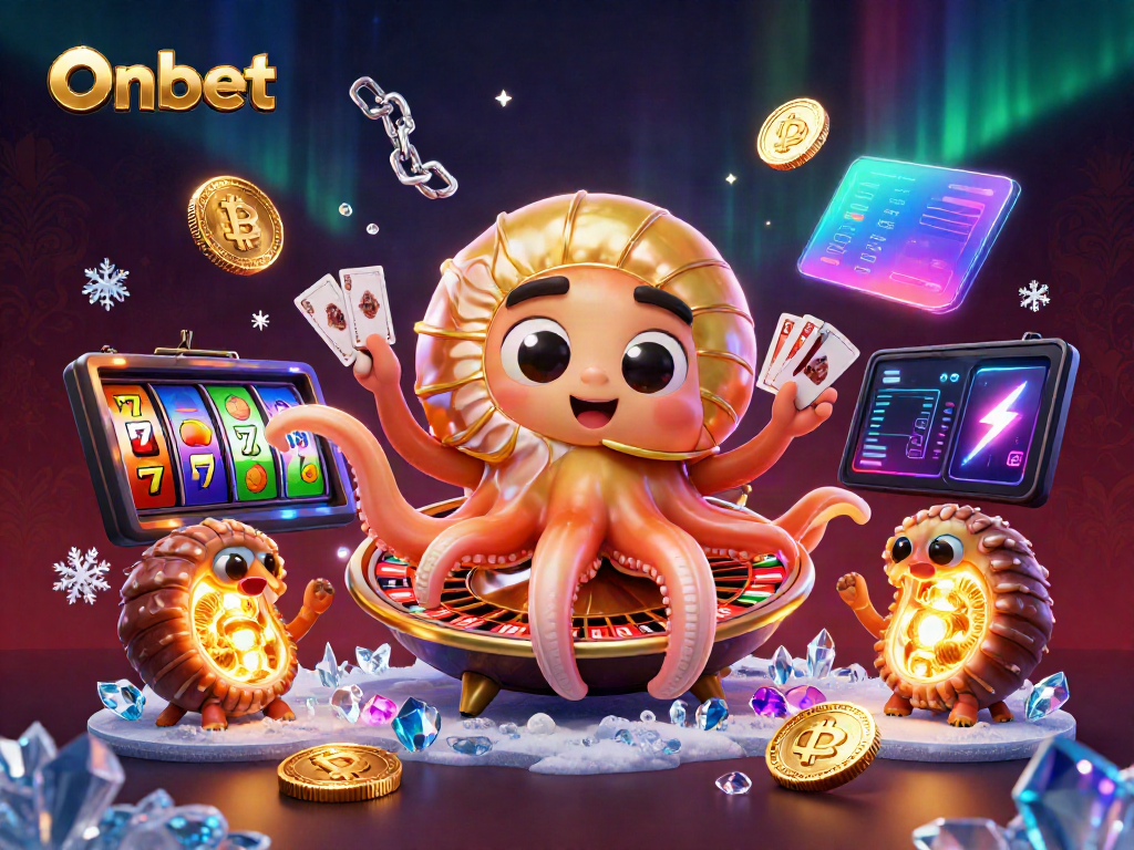 Engage with Onbet's vibrant casino scene featuring a giant nautilus roulette wheel amidst glowing treasures and dynamic slot action.