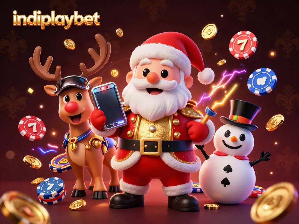 Menghadirkan indoplaybet dengan karakter Santa Claus 3D dalam dengan latar kasino yang meriah dan simbol jackpot