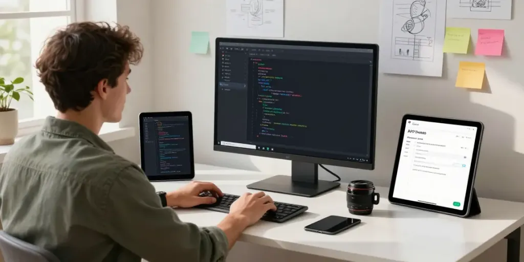 Developer working on apktodo app design in a bright workspace
