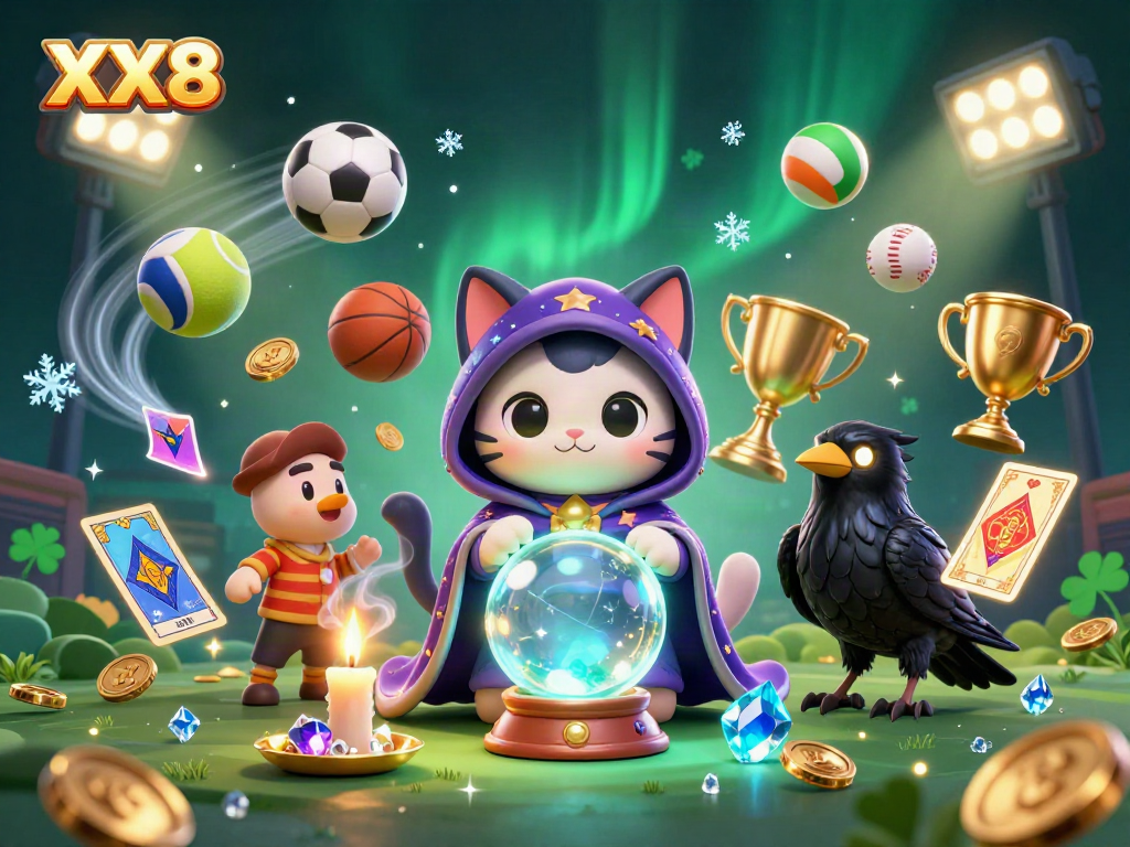 Experience the thrill of XX8 with a dynamic illustration of casino elements, fortune teller cat, and raven, enhancing your gaming adventure.