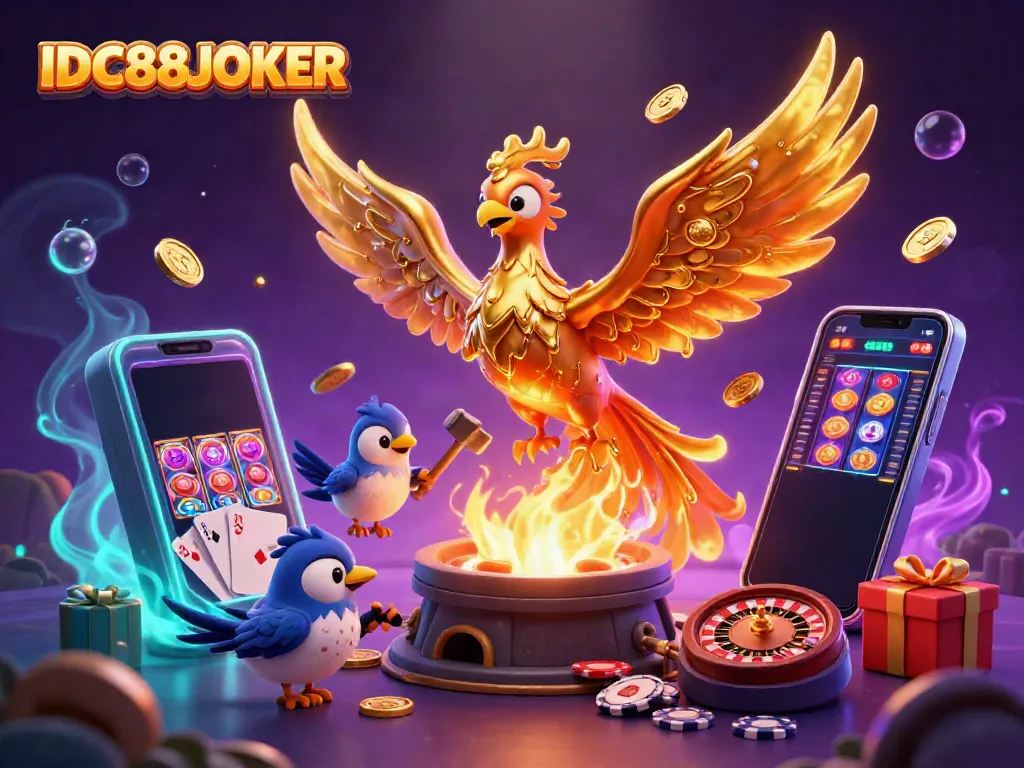 Experience the grandeur of IDC88JOKER with a golden phoenix and vibrant gaming elements in a dynamic casino scene.