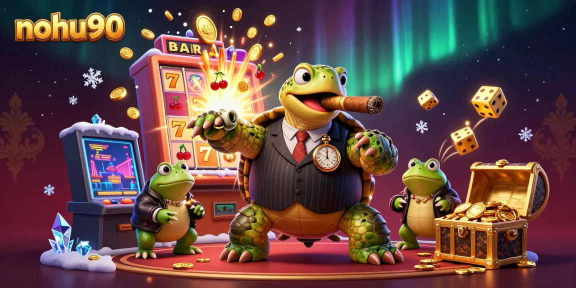 Experience the excitement of nohu90 in a vibrant casino scene with a snapping turtle and bullfrog enforcers.