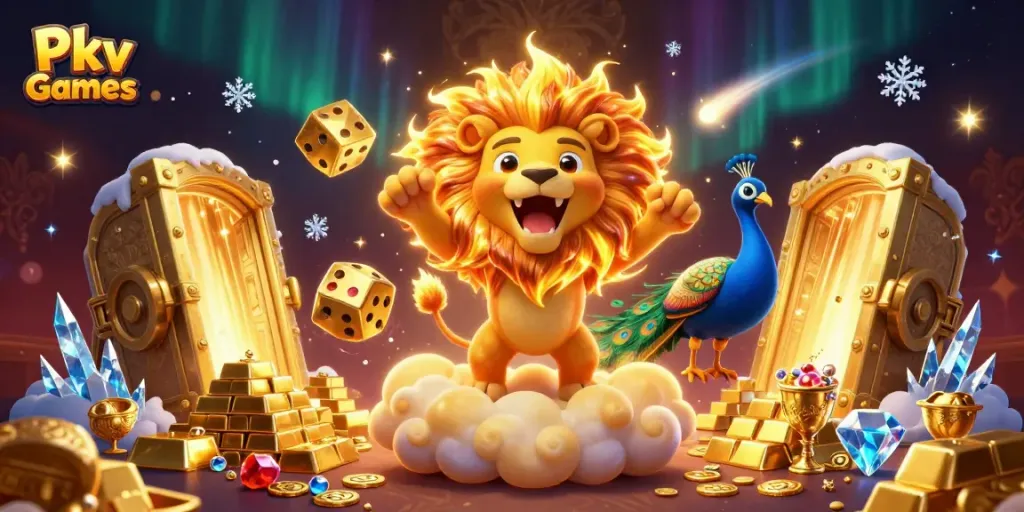Pkv Games showcases a vibrant casino scene with a roaring lion and dynamic elements of fortune and excitement.