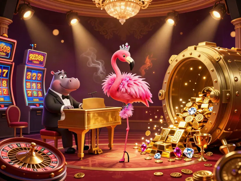 Experience thrilling casino moments with RED88 in a vibrant 3D illustration featuring lively characters and gambling action.