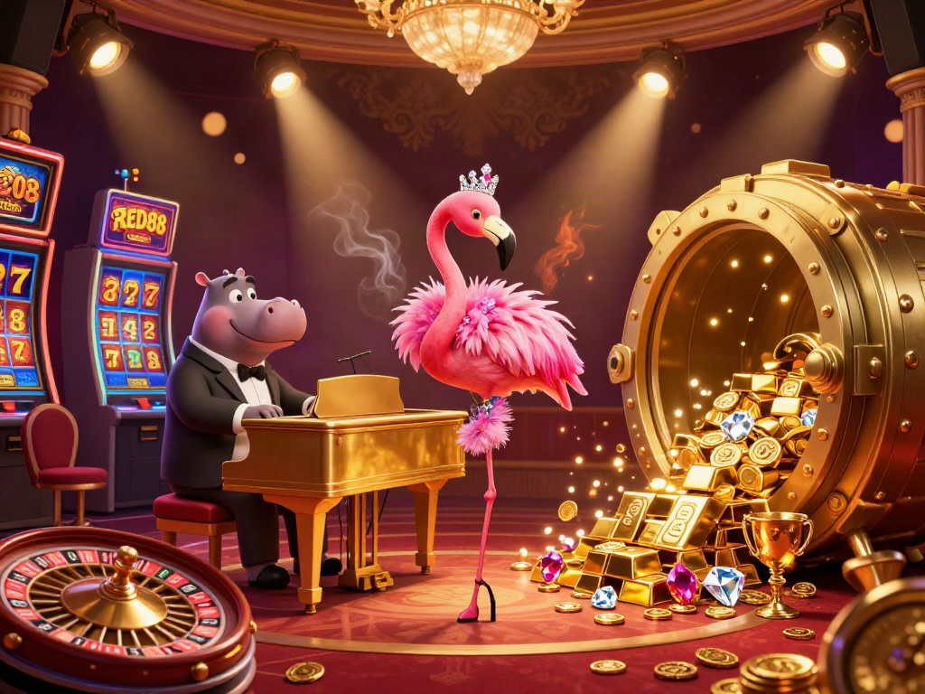 Experience thrilling casino moments with RED88 in a vibrant 3D illustration featuring lively characters and gambling action.