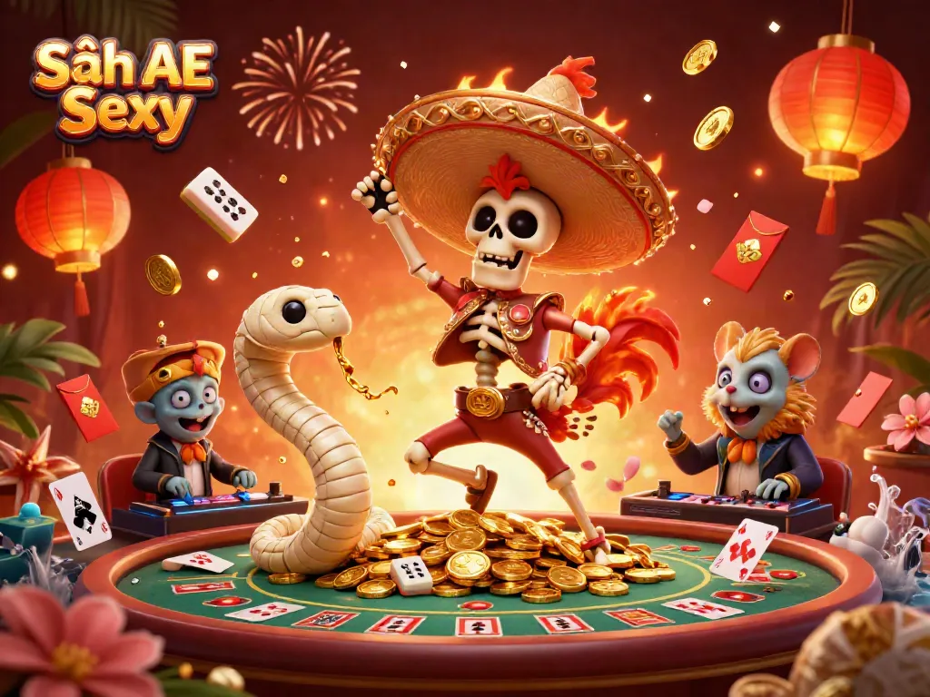 Sảnh AE Sexy captures the lively atmosphere of a live casino with vibrant characters celebrating among gaming elements.