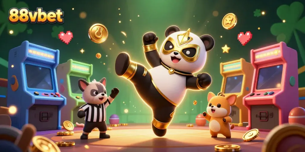 88vbet illustration featuring an energetic panda wrestler flipping kicks in a vibrant casino scene with excited animal spectators.