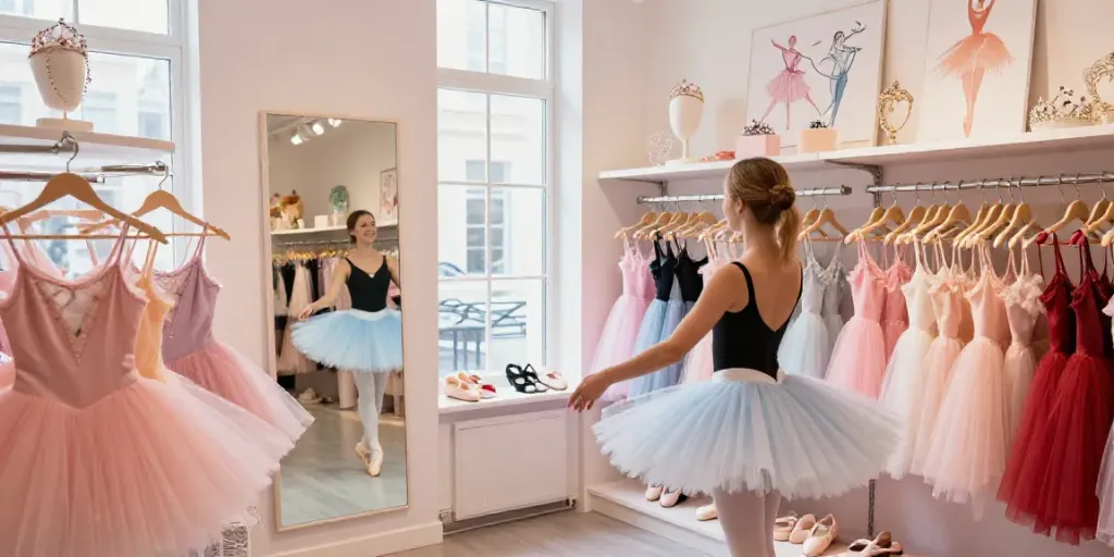Brightly lit tutu store showcasing colorful tutus and dancewear, perfect for young dancers.