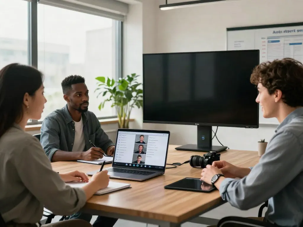 Deepfake free meetings showing a diverse team engaged in a secure video conference.