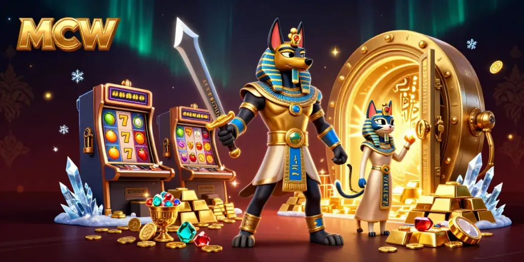 Experience thrilling gameplay at MCW with Anubis and Bastet amidst vibrant casino elements.