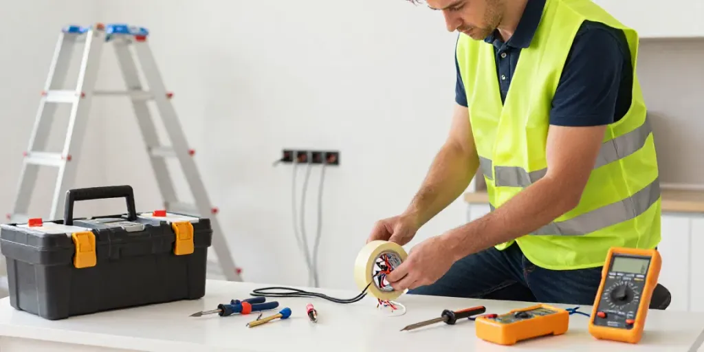 Electrician applying Super33 electrical tape in a well-lit workspace for safe wiring.