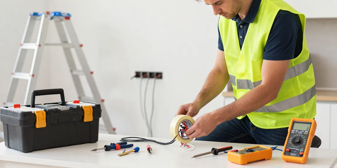 Electrician applying Super33 electrical tape in a well-lit workspace for safe wiring.