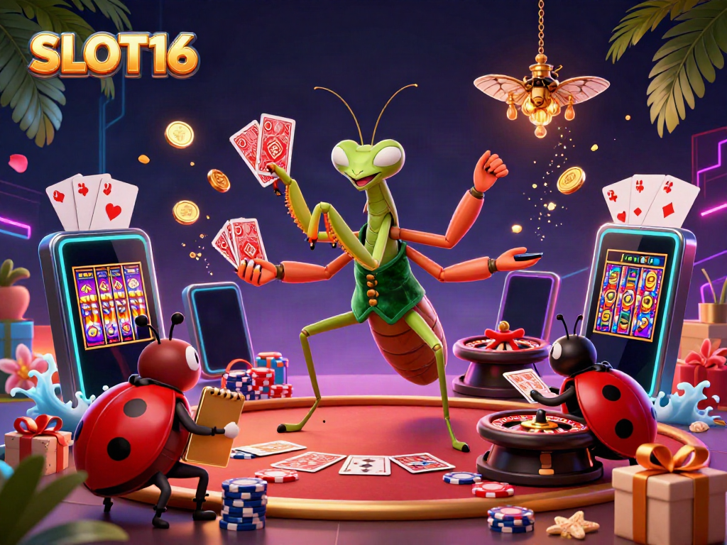 SLOT16 showcases a vibrant casino scene with a giant mantis card sharp and ladybug pit boss, celebrating big wins.