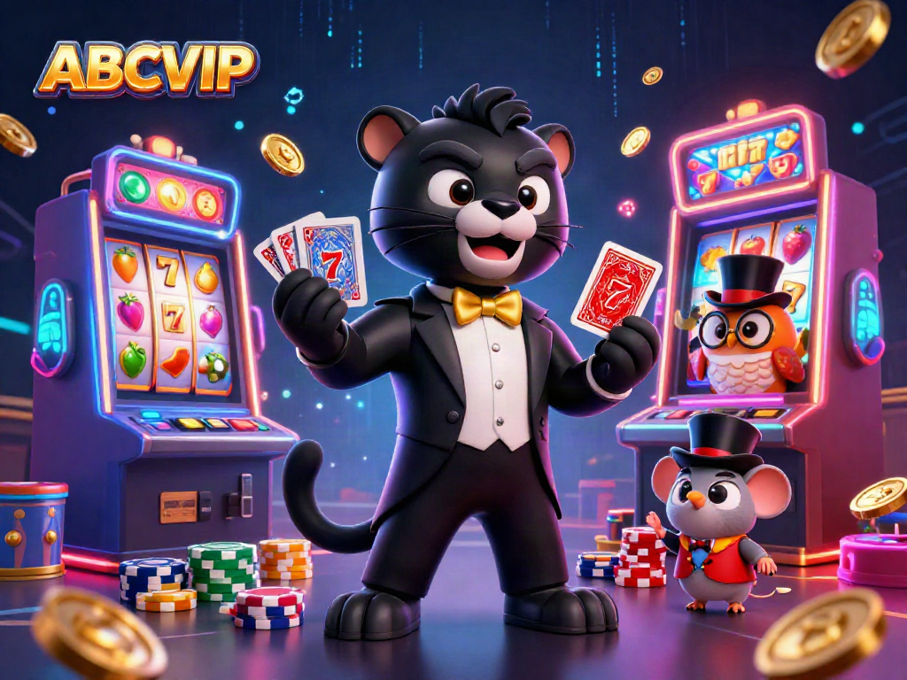 ABCVIP's engaging scene showcasing a stylish panther dealing cards surrounded by vibrant slot machines and playful characters.