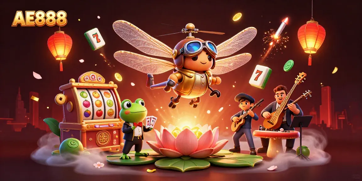 Experience the thrilling AE888 casino scene with vibrant slot reels, a dragonfly pilot, and festive elements.