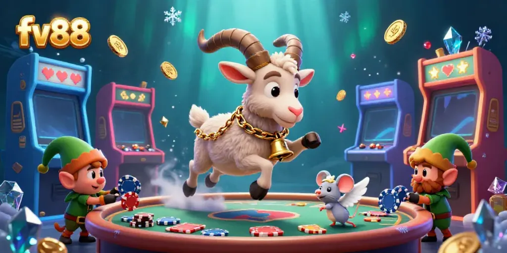 Experience thrilling gameplay at fv88 with a festive Krampus goat in a vibrant casino scene.