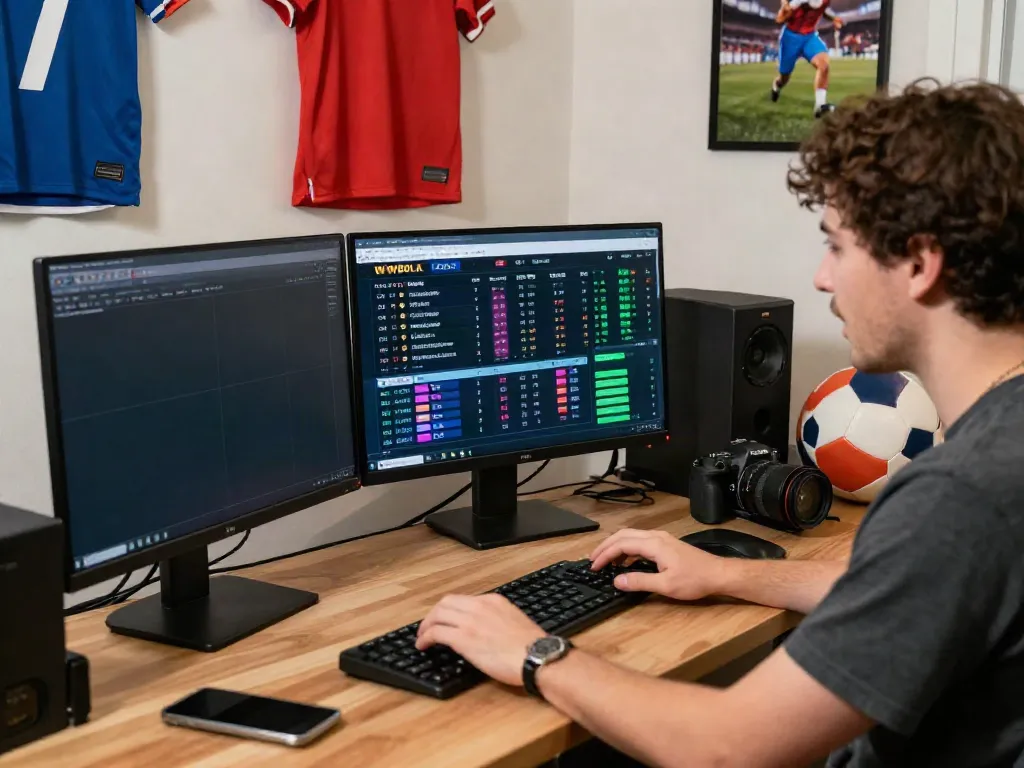 Excited user analyzing odds on WWBOLA platform from a cozy home office.