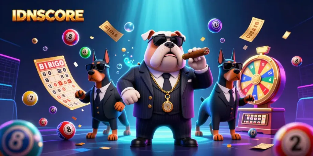 Experience IDNSCORE's vibrant online gambling scene with a mafia boss and dynamic game elements.