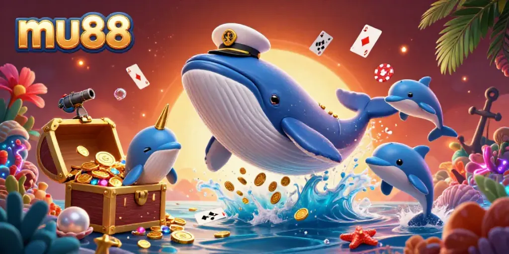 Experience the thrill of mu88 with a whimsical 3D scene of a whale, narwhal, and dolphins amidst animated casino elements.