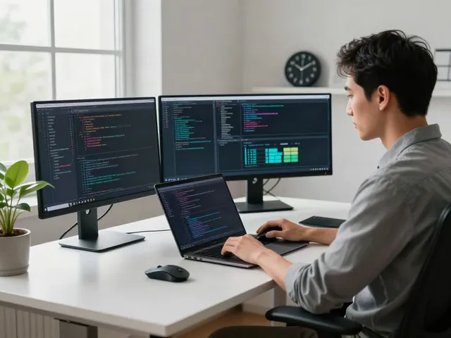 Brave software developer coding in a modern workspace environment.