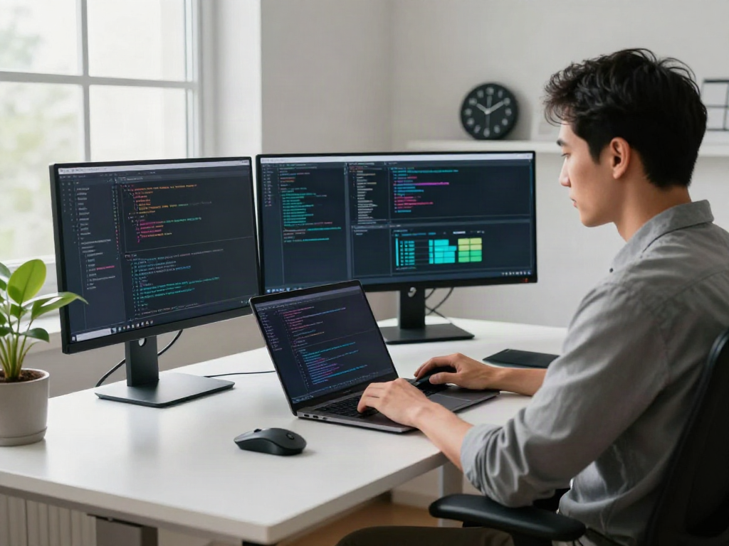 Brave software developer coding in a modern workspace environment.