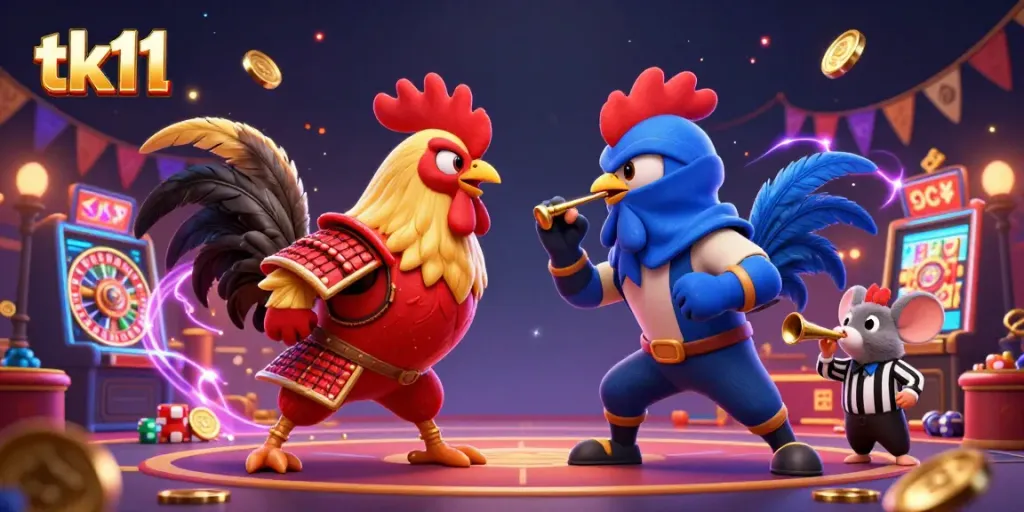 Experience tk11 as roosters battle in a vibrant casino-themed scene filled with dynamic gaming elements.