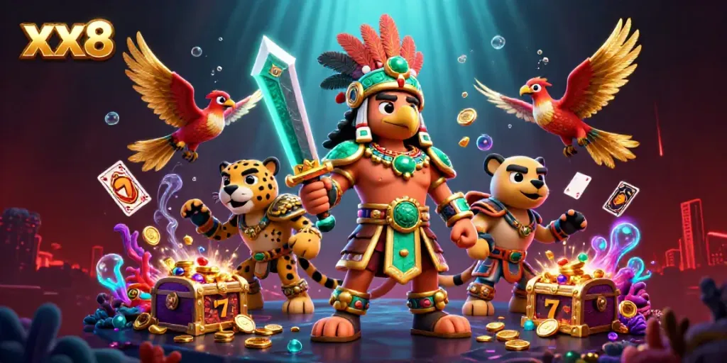 Experience the thrill of xx8 casino with dynamic 3D characters surrounded by jackpot elements and vibrant casino imagery.