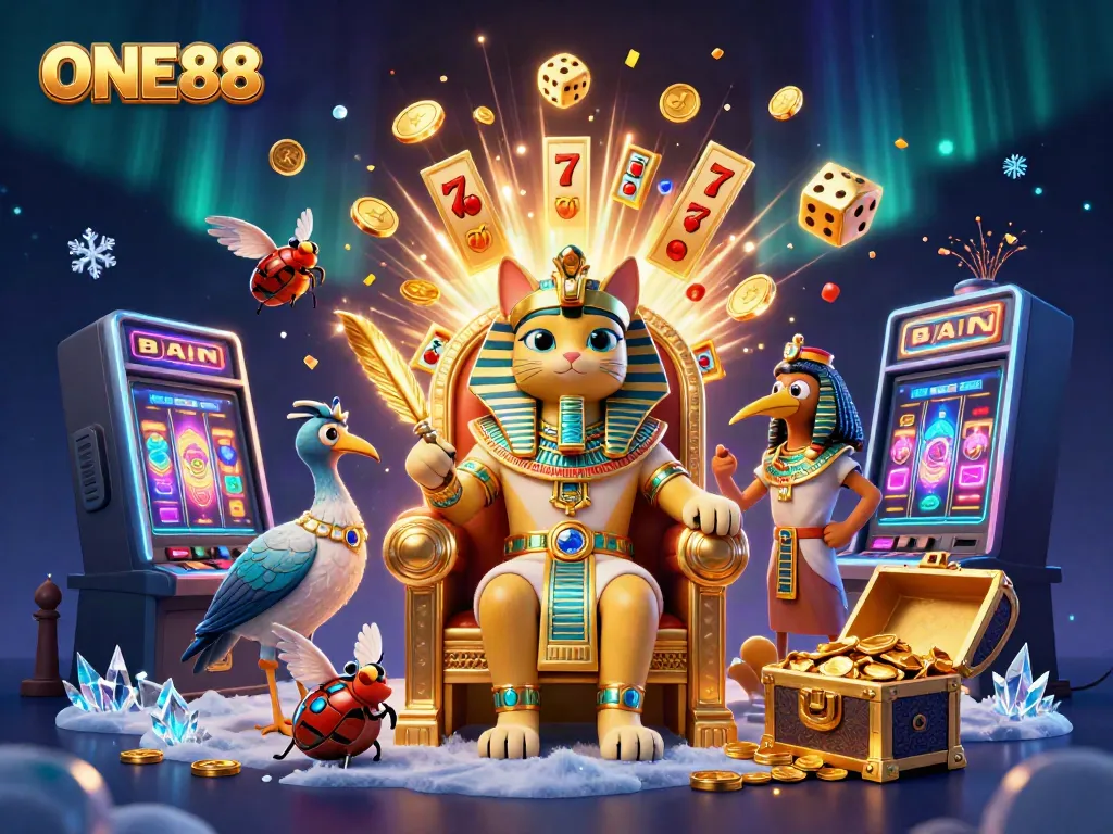 Experience the thrill of ONE88 with an exciting casino scene featuring a pharaoh cat and slot machine.