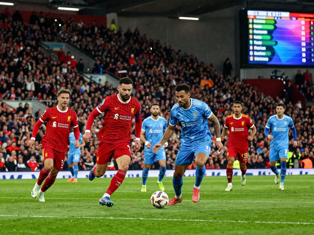 แมนยู vs ลิเวอร์พูล 10 นัดล่าสุด intense football match scene with players battling for possession.