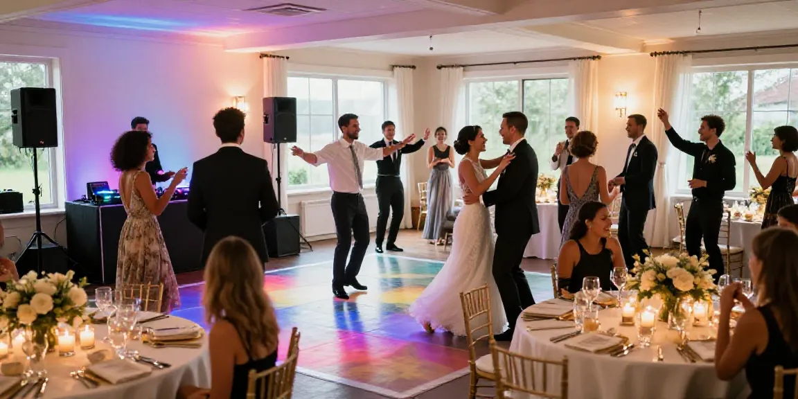 A lively wedding reception with a DJ in Berlin-Brandenburg, vibrant decorations, and joyful guests dancing, celebrating love.