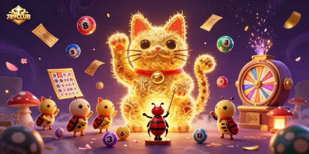 Engage with the vibrant world of 789CLUB as golden fireflies form a lucky cat amidst casino symbols.