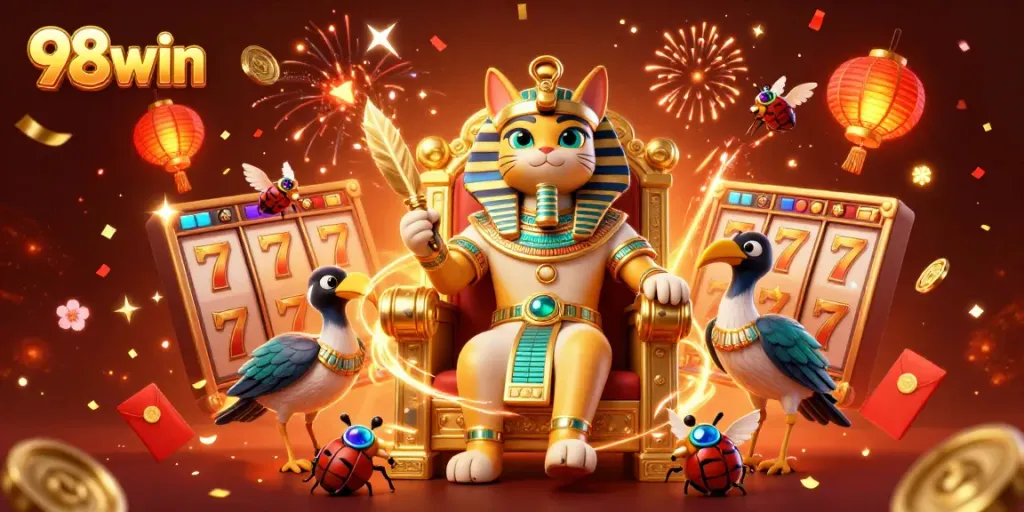 Engage in thrilling casino action with 98win's vibrant pharaoh-themed illustration and dynamic slot elements.