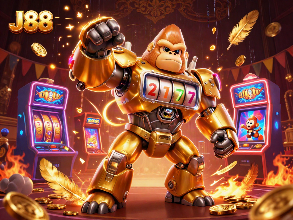 Experience the thrilling J88 slot machine adventure with a dynamic golden gorilla mech and vibrant casino elements.
