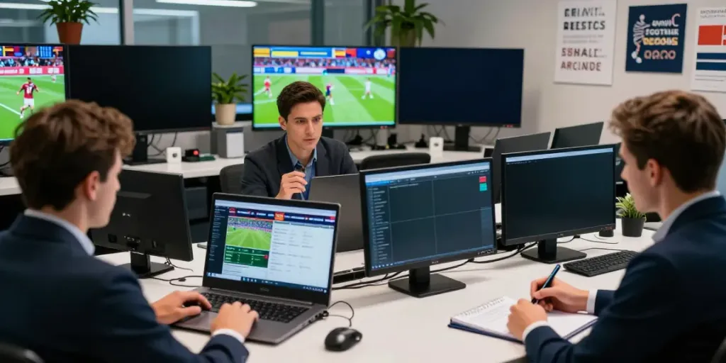ข่าวกีฬาฟุตบอล updates displayed in a lively sports newsroom with journalists collaborating on transfers.