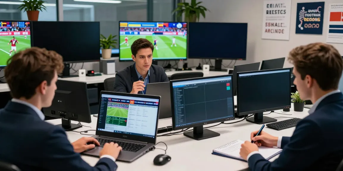 ข่าวกีฬาฟุตบอล updates displayed in a lively sports newsroom with journalists collaborating on transfers.