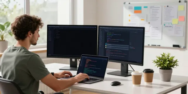 Developer using an unfiltered AI chat platform in a bright office setting.
