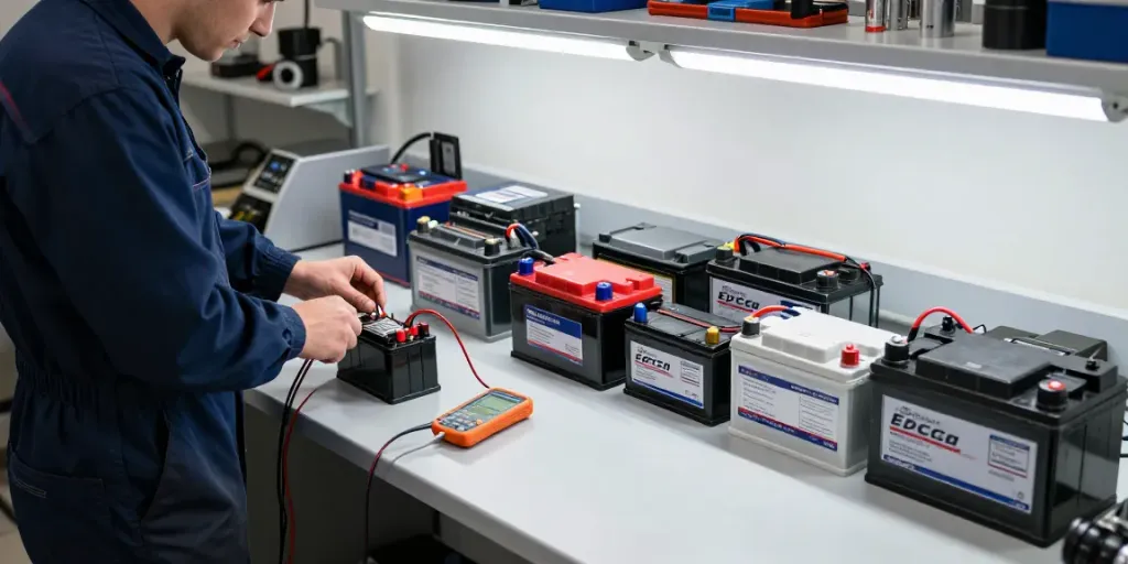 Technician assembling a 12-volt battery with tools in a professional workshop.