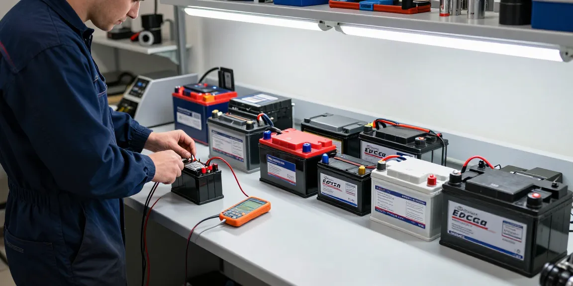 Technician assembling a 12-volt battery with tools in a professional workshop.